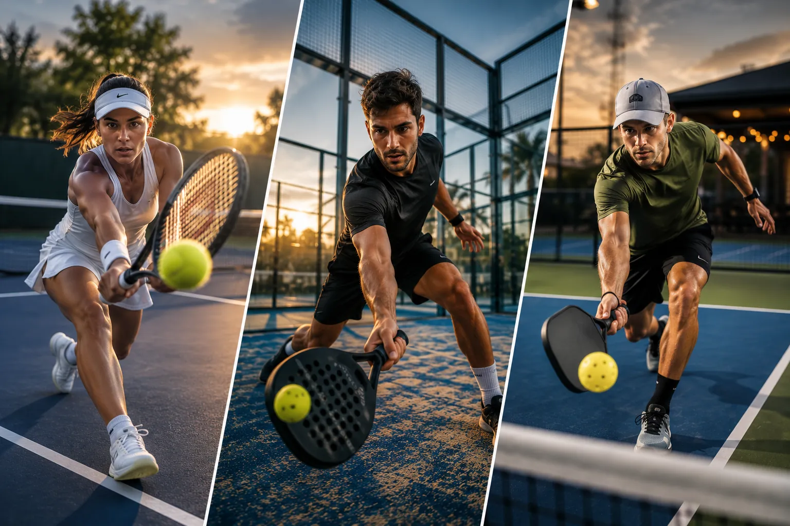 Tennis, padel, and pickleball players in action, representing TopSpin Digital's focus on all racquet sports