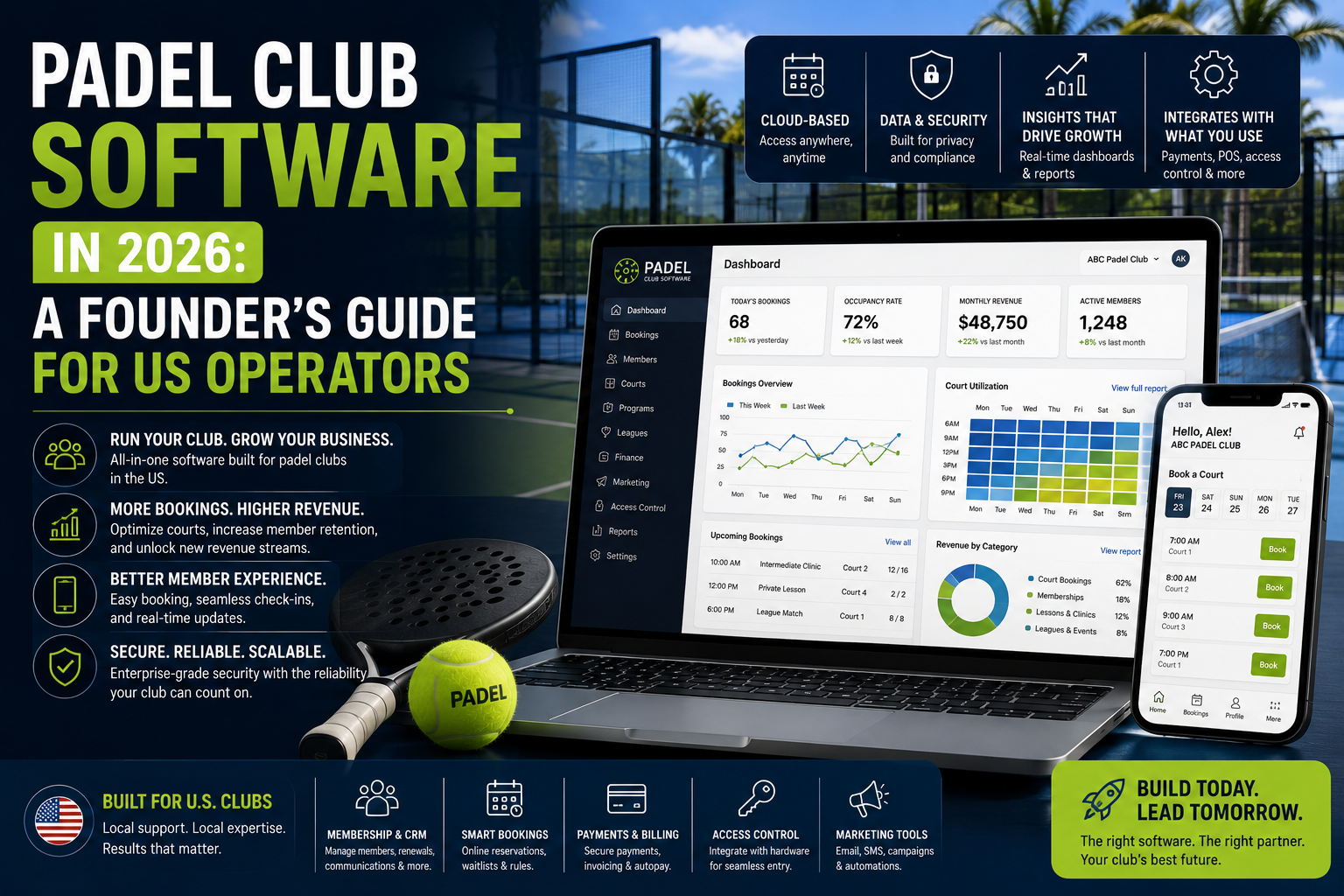 Padel club software infographic showing dashboard features, booking management, and member tools for US operators