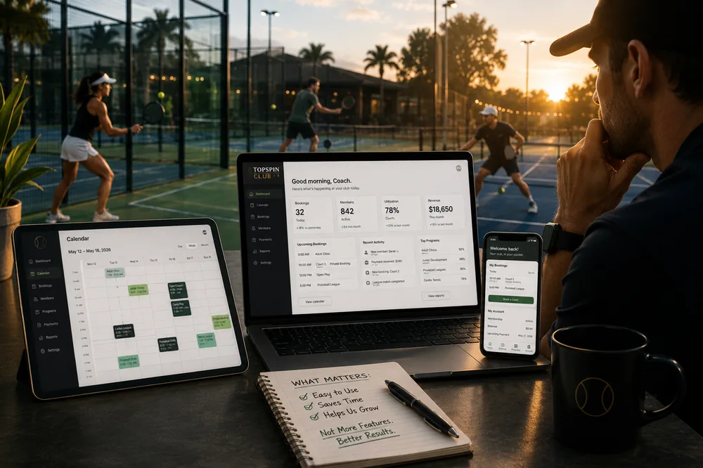 Club operator reviewing TopSpin Club dashboard on laptop, tablet, and phone with tennis, pickleball, and padel courts in background