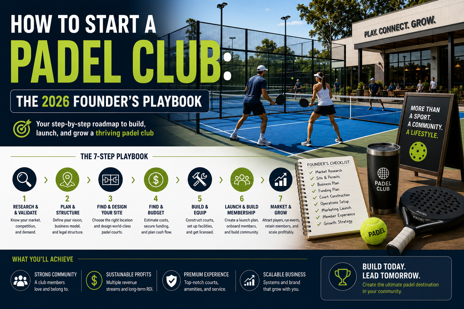How to start a padel club infographic: the 2026 founder's 7-step playbook with checklist and court imagery